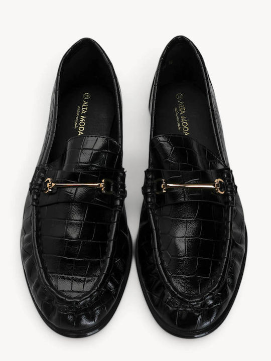 Mocasini Dama Loafers Croco Negri Cu Decor Metalic