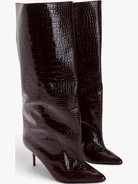 Cizme din lac Croco Bordo cu toc Stiletto