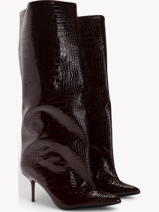 Cizme din lac Croco Bordo cu toc Stiletto