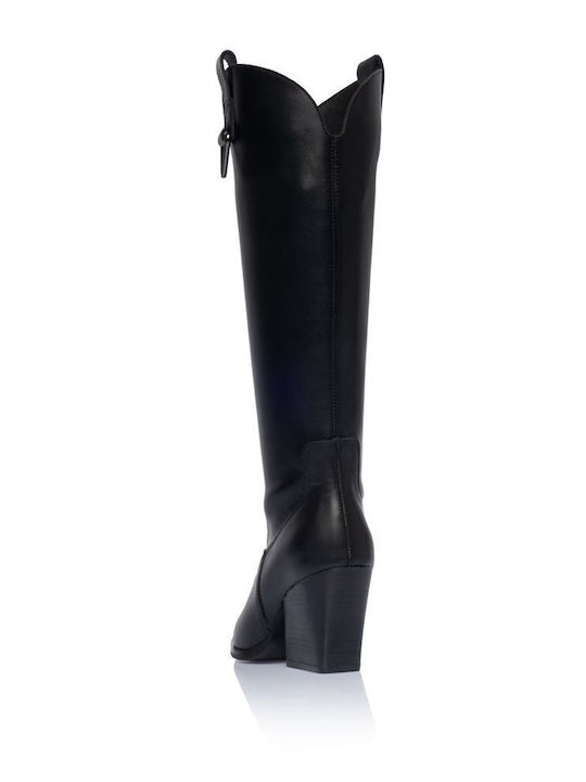 Leather Women's Cowboy Boots with High Heel Black