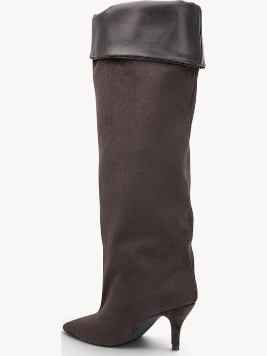 Braune Wildleder Damenstiefel mit Umgekehrtem Abschluss und Spitzem Schnitt