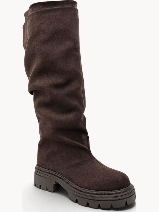 Braune Wildleder Damenstiefel Slouchy Traktorenprofil Sohle