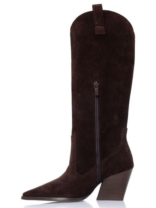Leather Women's Cowboy Boots with High Heel Brown