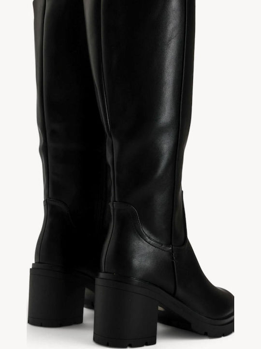 Schwarze Damenstiefel Traktorensohle Hoher Blockabsatz
