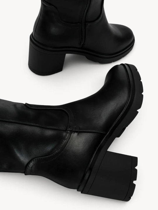 Schwarze Damenstiefel Traktorensohle Hoher Blockabsatz