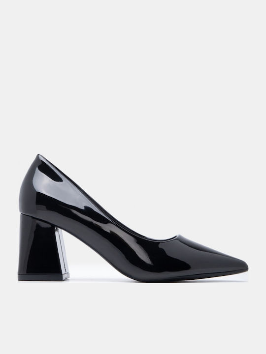 Spitze Zehe Pumps mit Chunky Mittlerem Absatz Schwarz