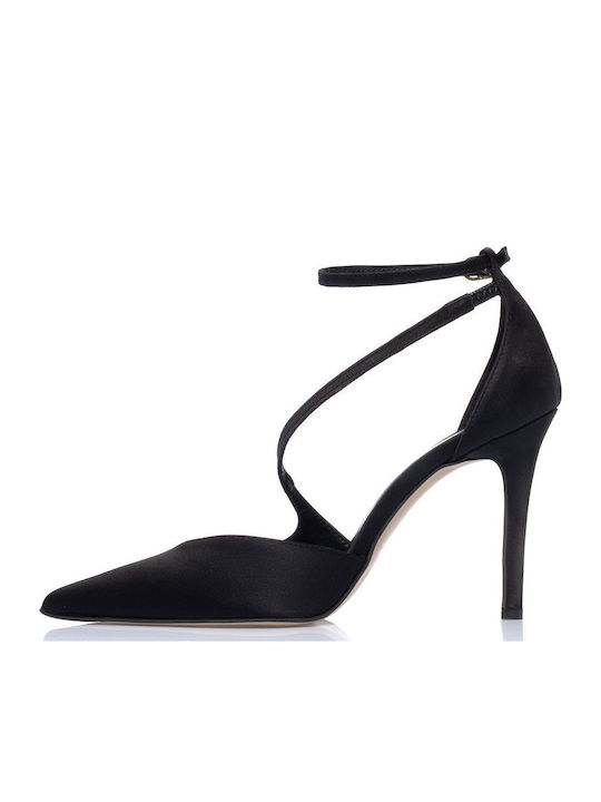 Leder Spitze Zehe Pumps mit Stiletto Absatz und Riemchen Schwarz