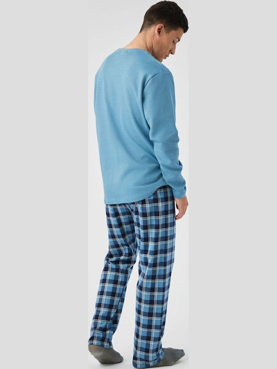 Minerva Bull Winter Herrenpyjama Karos Hellblau
