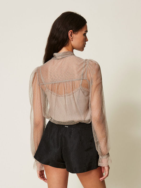 Long Sleeve Women's Shirt Beige Striped
