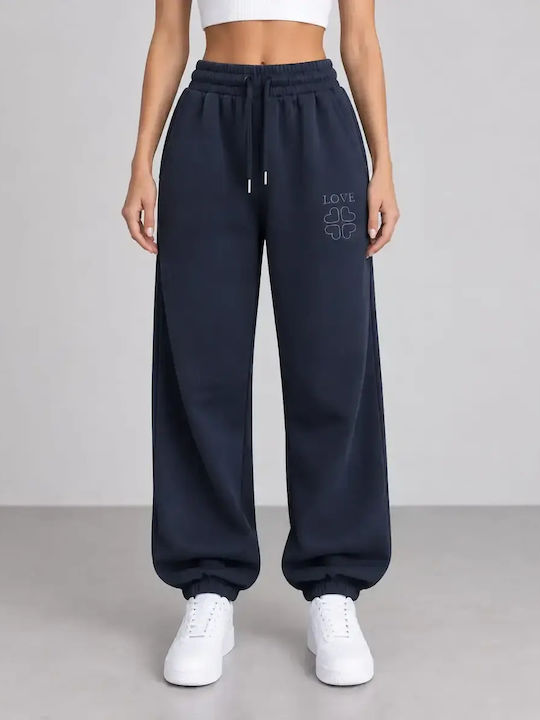 Hohe Taille Damen Jogginghose Breit Fleece Blau