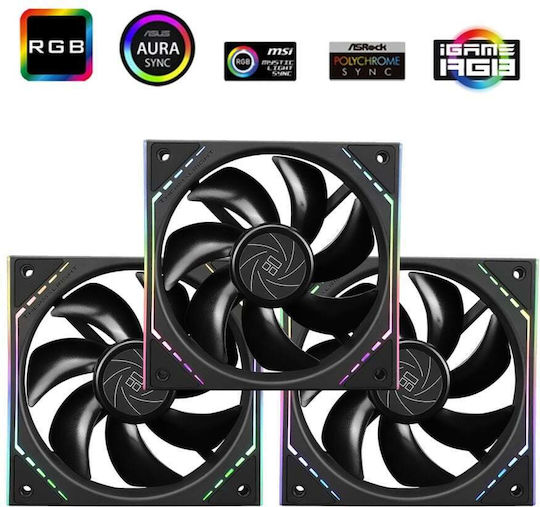 Thermalright TL-M12-S Ventilatoare pentru carcasa 120mm (1500rpm / 47.6cfm) cu Iluminare ARGB și Conexiune 4-Pin PWM 3 Buc Negru