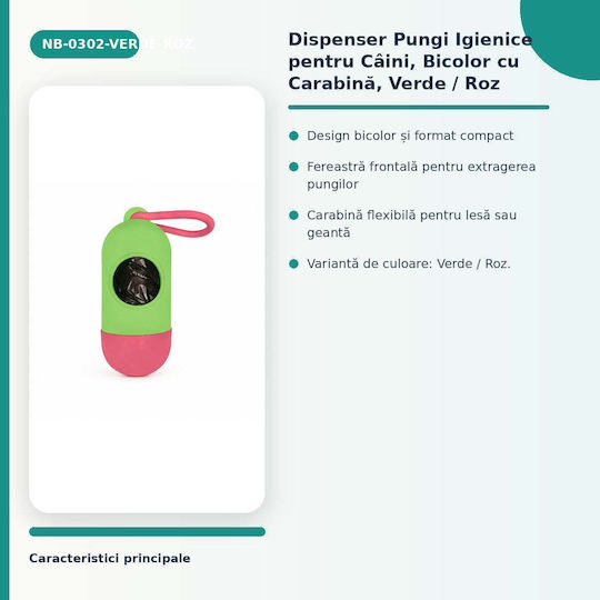 Dispenser Igienic De Saci Pentru Câini Bicolor Cu Carabinieră Verde Roz