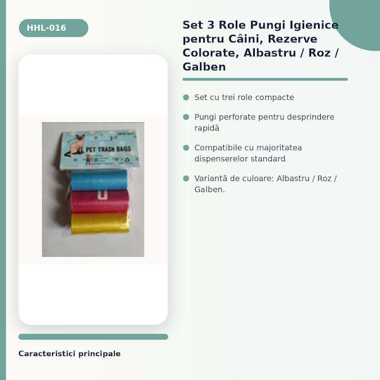 Set 3 Saci Igienici Pentru Câini Rezerve Colorate Albastre Roz Galbene