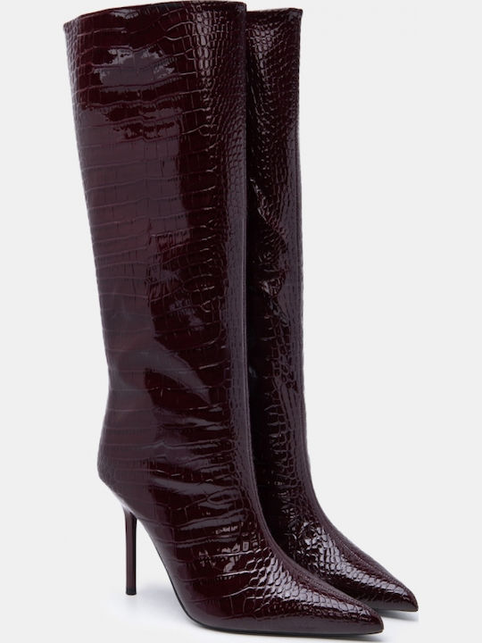 Cizme Dama de Catifea cu Toc Înalt Burgundy