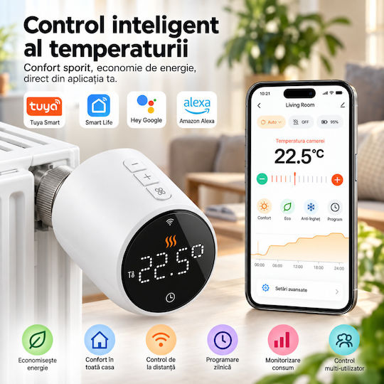 Cap De Termostat Electronic Cu Wi-Fi Pentru Calorifer 1 Bucată