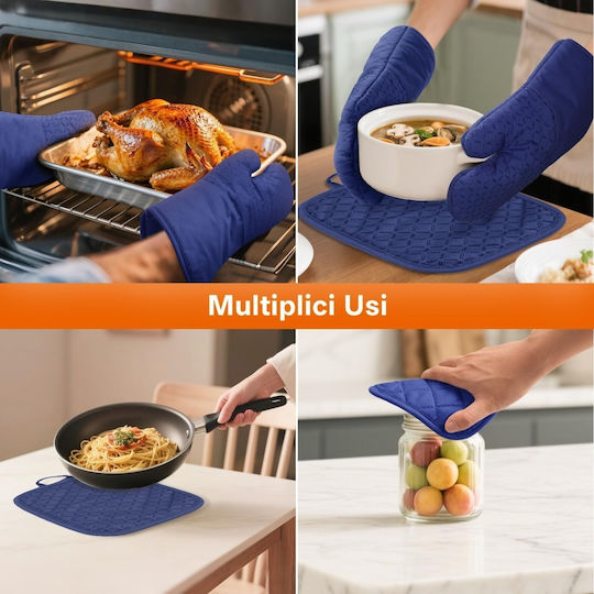 Oven Mitt and Pot Holder Set Kitchen Made of Blue Silicone 4 Pieces