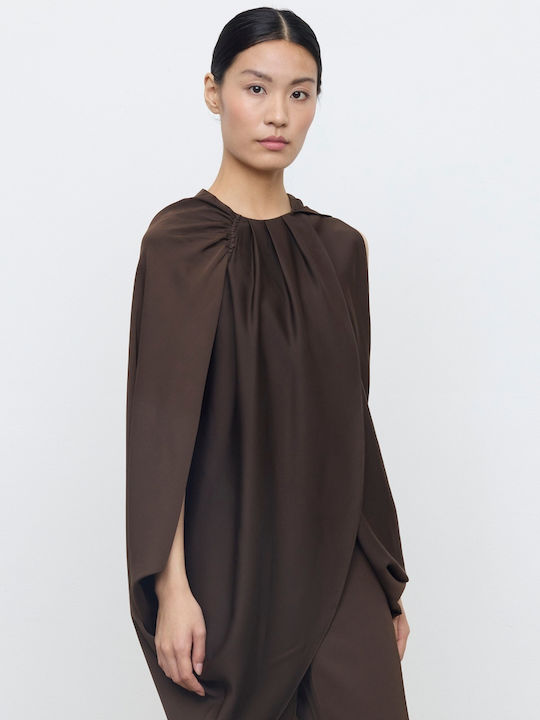 Damen Bluse Satin Ärmellose Drapierung Schokolade