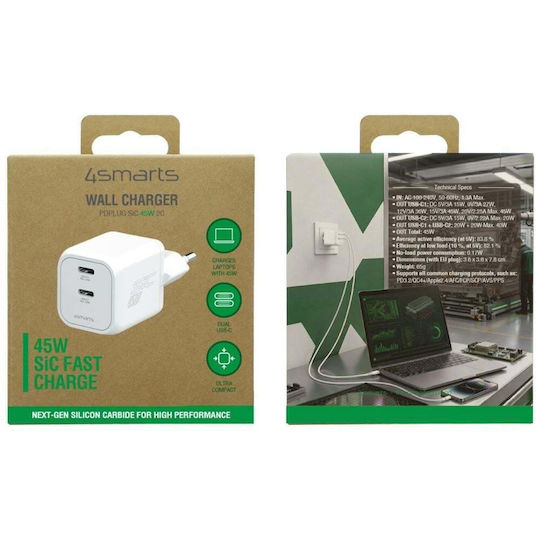4Smarts Încărcător Fără Cablu cu 2 Porturi USB-C 45W Power Delivery Alb (PDPlug SiC)
