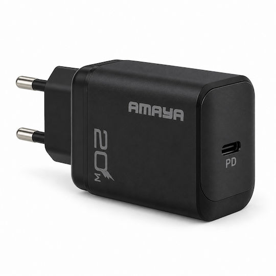 Amaya Зарядно Устройство с USB-C Изходен Порт и Кабел USB-C - USB-C 18W Черно (ACW-E218S+CC)