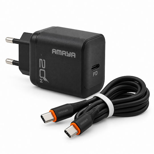 Amaya Зарядно Устройство с USB-C Изходен Порт и Кабел USB-C - USB-C 18W Черно (ACW-E218S+CC)