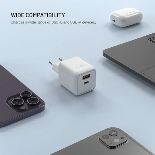 Fixed Încărcător Fără Cablu GaN cu Port USB-A și Port USB-C 45W Power Delivery Alb (Mini)