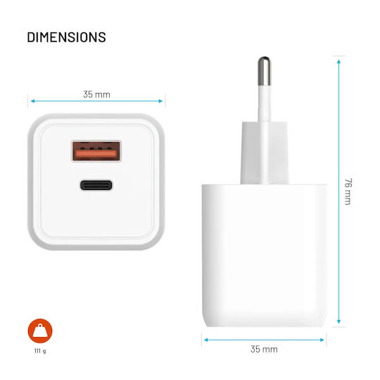 Fixed Încărcător Fără Cablu GaN cu Port USB-A și Port USB-C 45W Power Delivery Alb (Mini)
