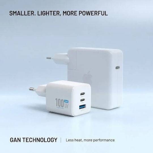 Fixed Încărcător Fără Cablu GaN cu Port USB-A și 2 Porturi USB-C 100W Power Delivery Alb (Mini)
