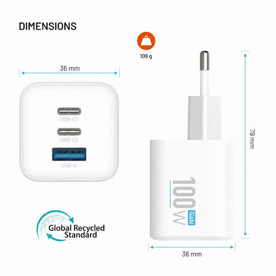 Fixed Încărcător Fără Cablu GaN cu Port USB-A și 2 Porturi USB-C 100W Power Delivery Alb (Mini)