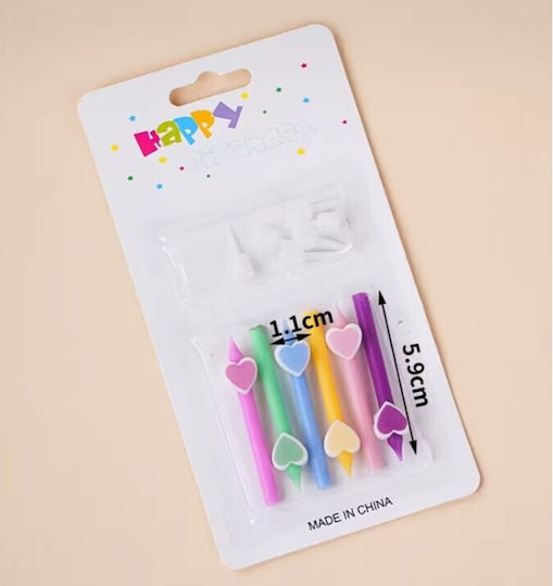 Set 6 Lumânări Pentru Ziua De Naștere Model Creion Inimi 5.9 X 1.1 Cm Ceară Multicolore