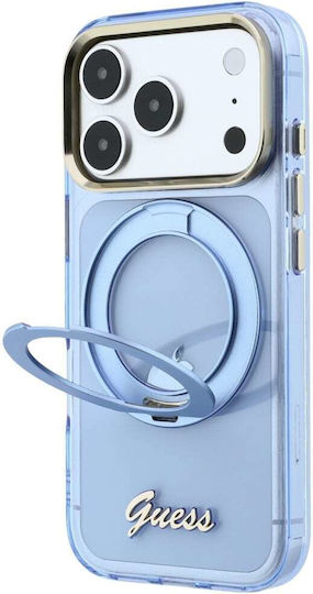 Guess Etui Iml Inel Stand 360 Script Metal Logo Compatibil cu Magsafe Do Iphone 18 Pro 17 Pro Albastru Deschis Guhmp18l6hccmsb