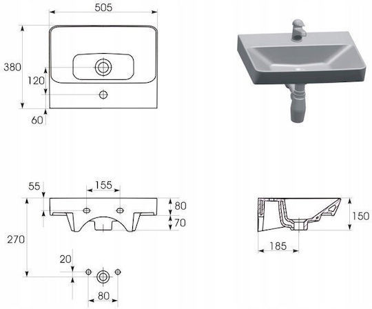 Cersanit Ceramic Vessel Bathroom Sink with Faucet 50x38cm White