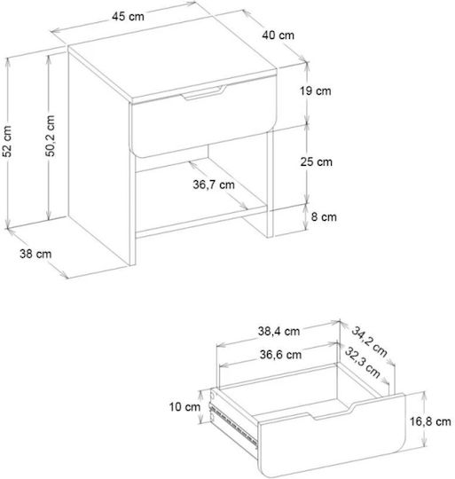 Bedside Table Mida Wooden Grey 45x40x52cm