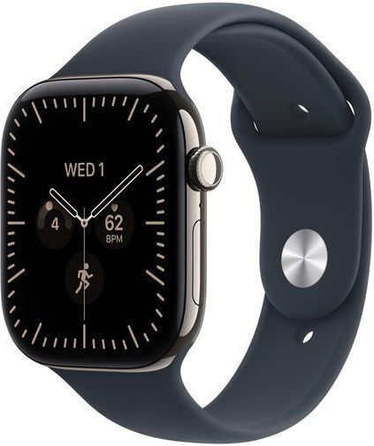 Apple Watch Series 12 Cellular Titanium 42mm Waterproof with Heart Rate Monitor (Natural Titanium Case with Navy Blue Sport Band - S/M)