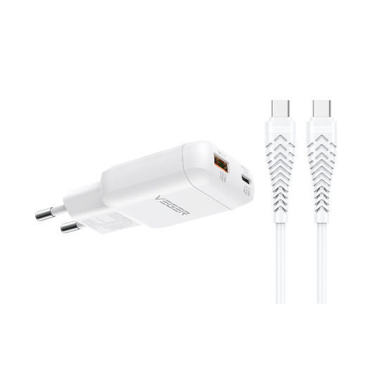Veger Încărcător GaN cu Port USB-A și Port USB-C și Cablu USB-C - USB-C 30W Power Delivery / Quick Charge 3.0 / SuperCharge Alb (TR120-1A1C)