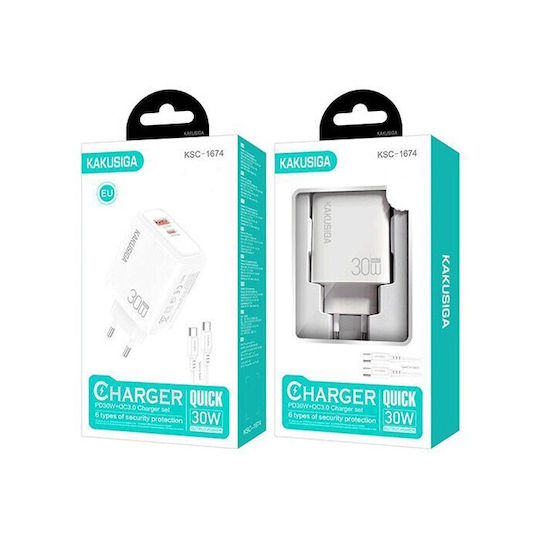 Kakusiga Φορτιστής με Θύρα USB-A και Θύρα USB-C και Καλώδιο USB-C - USB-C 30W Power Delivery / Quick Charge 3.0 Λευκός (KSC-1674)