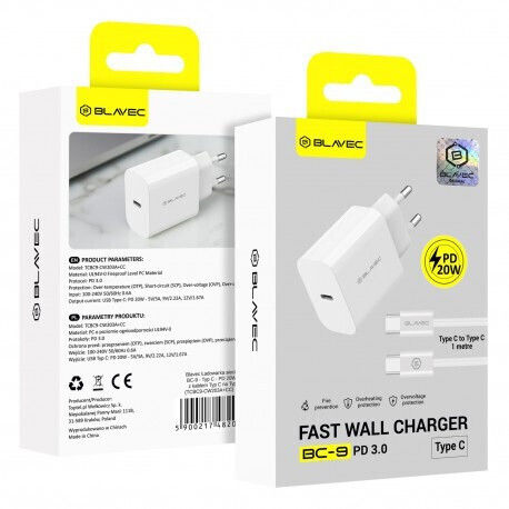 Blavec Φορτιστής με Θύρα USB-C και Καλώδιο USB-C - USB-C 20W Power Delivery / Quick Charge 3.0 Λευκός (BC-9)