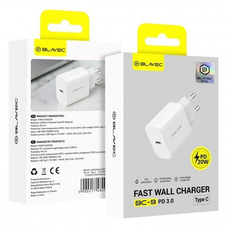 Blavec Зарядно без кабел с USB-C порт 20W Power Delivery / Quick Charge 3.0 Бял (BC-9)