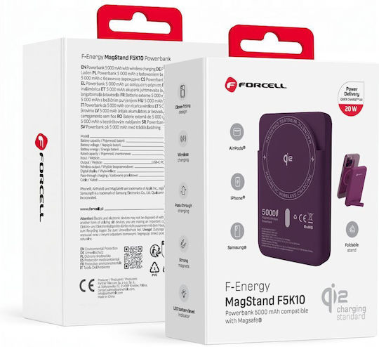 Forcell F-Energy F5K10 MagSafe Qi2 Външна батерия 5000mAh 20W Захранване с висока мощност / Бързо зареждане Бордо
