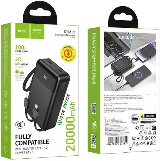 Hoco DYM12 Power Bank 20000mAh 22.5W mit USB-A Ausgangsanschlüsse und USB-C Ausgangsanschlüsse Power Delivery / Schnellladung Schwarz