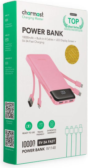Charmast W1148 Външна батерия 10000mAh с 2 USB-A изходни порта и USB-C изходен порт Розова