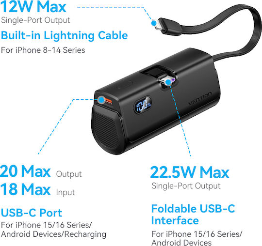 Vention Power Bank 4800mAh 22,5W Mit USB-C Ausgangsanschlüsse Schnellladung LED Anzeige
