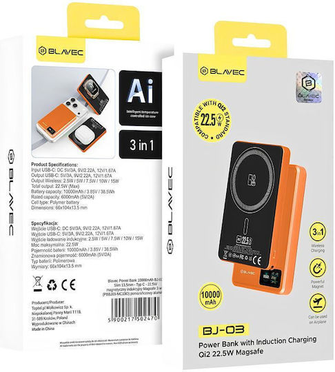 Blavec BJ-03 Тънка Външна Батерия MagSafe 10000mAh 22.5W Power Delivery Оранжева
