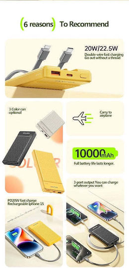 Awei P88K Power Bank 10000mAh 22.5W with USB-A Port and USB-C Port Black