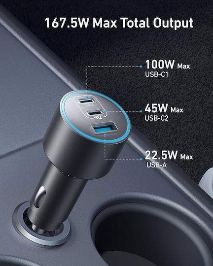 Anker Car Charger 167.5W Fast Charging with Ports: 1xUSB-A 2xType-C with Type-C Cable