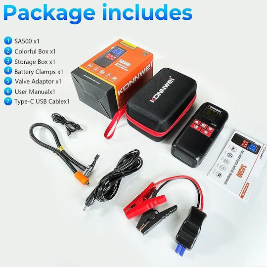 Konnwei Преносим Стартер за Батерия за Кола и Мотоциклет 10400mAh с Помпа и Стъкла 12V