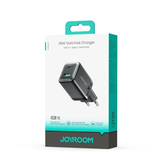 Joyroom Зарядно устройство с вграден кабел GaN с USB-A порт и USB-C порт 45 W Power Delivery Черно (JR-TG8 GaN)
