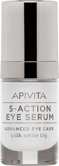 Apivita 5-Action mit weißer Lilie Feuchtigkeitsspendend & Anti-Aging Serum Augen mit Hyaluronsäure für Dunkle Augenringe & Straffung 15ml