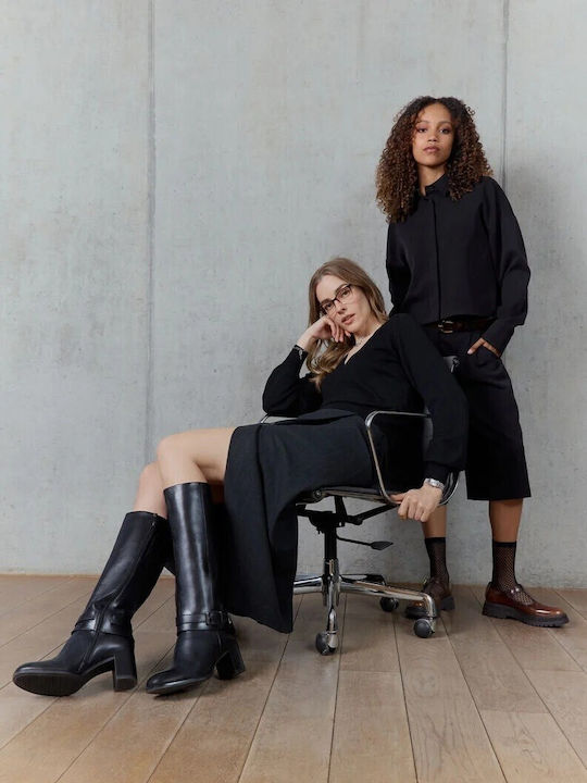 Black Leather Women's Boots with a Mid Heel