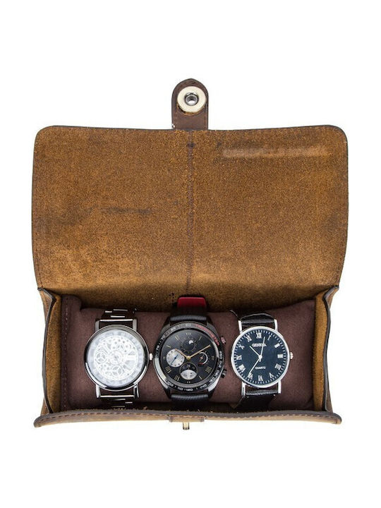 Leather Travel Case for 3 Watches Watch Roll Daponte Brown