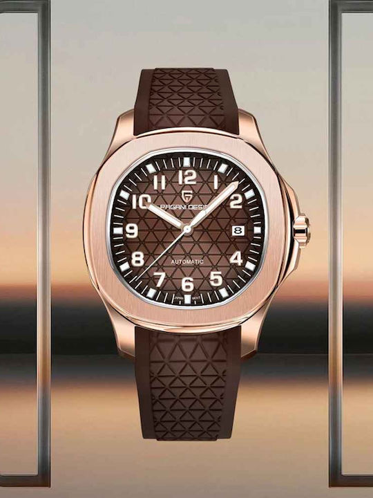 Pagani Design Ceas Bărbătesc 41mm Automat cu Curea din Cauciuc Rose Gold / Maro